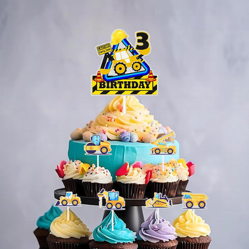 SugarGera 3rd 7-Piece Set, (3rd) Construction Cake Toppers for Kids Engineering Themed Happy Birthday Dump Truck