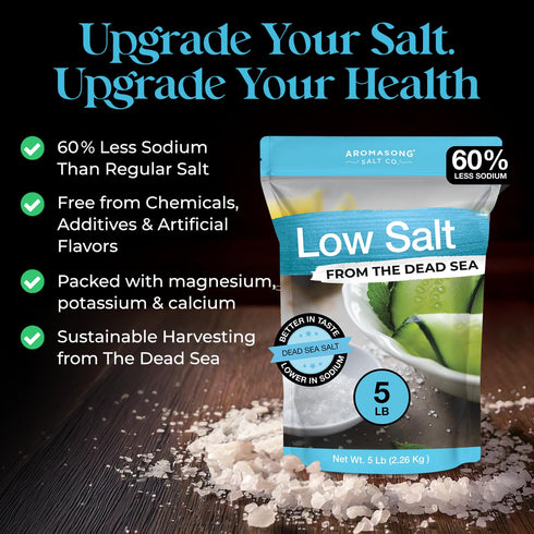 100% 60% 5 Lb Aromasong Low Sodium Sea Salt - Natural - Less Sodium - Bulk Bag - Fine Grain Dead Sea Potassium Chloride