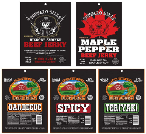 15-Piece (15 packs) Buffalo Bills Beef Jerky & Beef Stick Sampler Black Velour Wine Gift Bag mixed
