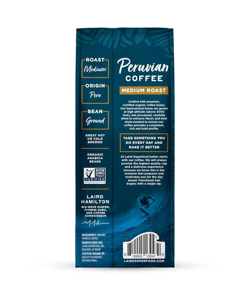 12 oz. Laird Superfood Peruvian Medium Roast Caffeinated Ground, Ethically Sourced Premium Ground Coffee, Gluten-Free