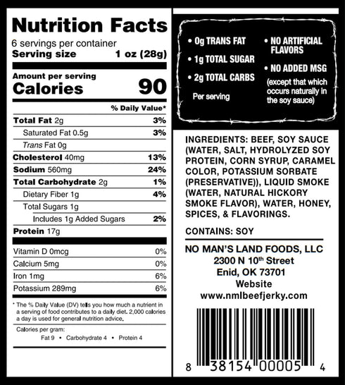 17G 6oz No Mans Land Slow-Dried Beef Jerky | Protein, Low Carb, Low Calorie Beef Snack | Smoked & Seasoned Jerky Strips