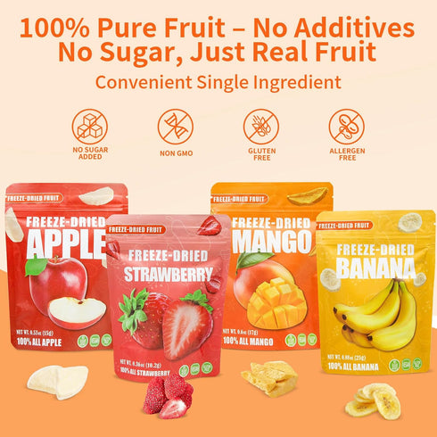 Egcina Pack 8 (4.65oz/132g) Large Freeze Dried Fruit Snacks Variety - Single Bags with Apple, Mango, Strawberry, Banana