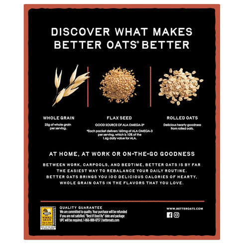 Better Oats 100 Packets, 90 10 (Pack 6) Calorie Maple & Brown Sugar Oatmeal Whole Grain with Flax Seeds and Rolled