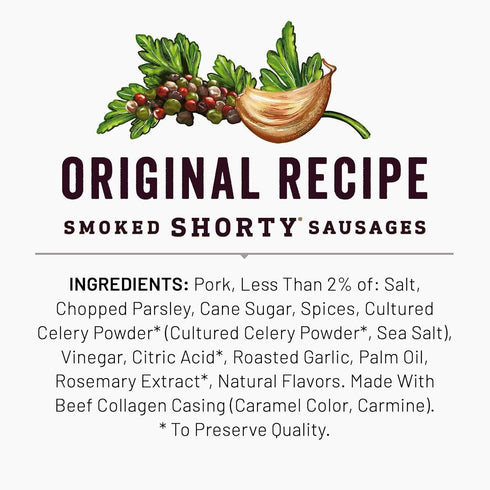 7g 2.5 oz. (Pack 7) Duke's Pork Original Smoked Shorty Sausages, Protein Per Serving, Snack Bags