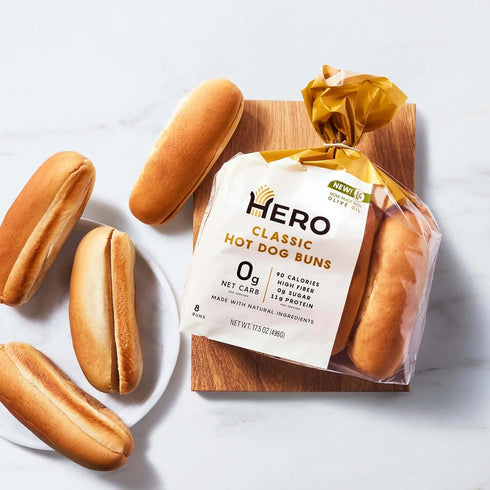 0g 0g 90 (16 Pack 2) Hero Classic Hot Dog Bun - Delicious Rolls & Net Low Carb Hot Dog Buns | High Fiber, Net Carbs