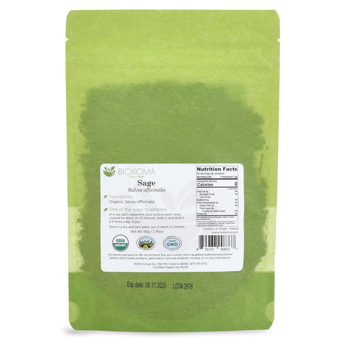 Biokoma Pure and Organic Sage Dried Leaves - 50g (1.76oz) in Resealable Pouch, USDA Certified Organic