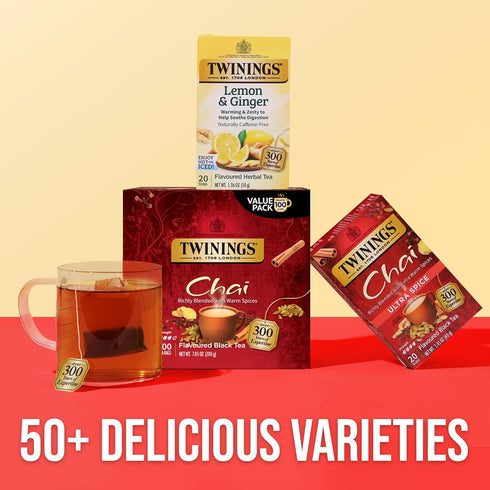 100 Count (Pack 1), 100 Twinings Chai Black Tea Individually Wrapped Bags, of Richly Blended with Warm Spices