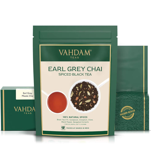 VAHDAM Earl Grey Masala Chai - High Caffeine, Non-GMO, Gluten-Free - 50 Cups/3.53 oz Vacuum Sealed Pack