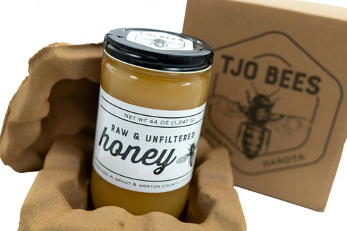 44 OZ TJO Bees Raw and Unfiltered Honey, Glass Jar