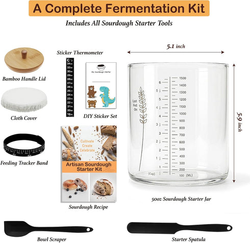 50oz Premium Sourdough Starter Jar Kit - Large Wide Mouth Glass Jar with Bamboo Lid,Cloth Cover, Date Tracker