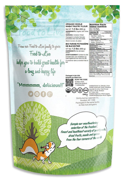1.5 Food to Live Organic Whole Wheat Pastry Flour, Pounds - Non-GMO, Finely Ground, Unbleached, Unbromated, Vegan