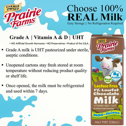 Prairie Farms Dairy 1% 8oz. (27 Pack) (8 Oz, Prairie Farms - Chocolate Lactose Free Milk, Shelf Stable Low Fat Milk