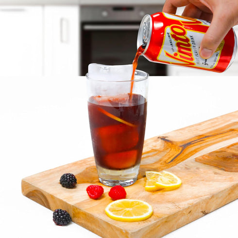 12 oz (Pack 24) Vimto Sparkling Fruit Flavored Drink Soda with Natural Black Cherry, Raspberry, Black Currant Middle