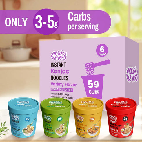 Pack 6 Packs, VOLO VERO Konjac Noodle Variety - Tom Yum, Miso, "Spicy" Kimchi, Red Curry, Gluten Free, Vegan, Low Carb