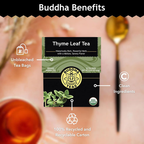 Buddha Teas Organic Thyme Leaf Herbal Tea - Caffeine Free - Antioxidants & Minerals - 18 Tea Bags