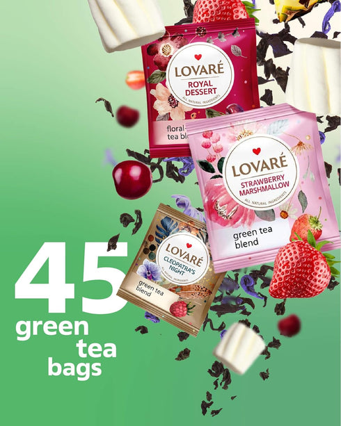 Pack 90 SET) LOVARE Black and Green Tea Bags Variety - Made in Ukraine Tea Sampler - Individually Wrapped Assorted Tea