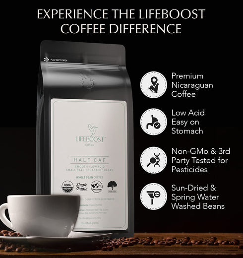 12 oz Lifeboost Half Caff Medium Roast Whole Bean Coffee - Low Acid Organic Coffee, Non-GMO, USDA Organic, Single