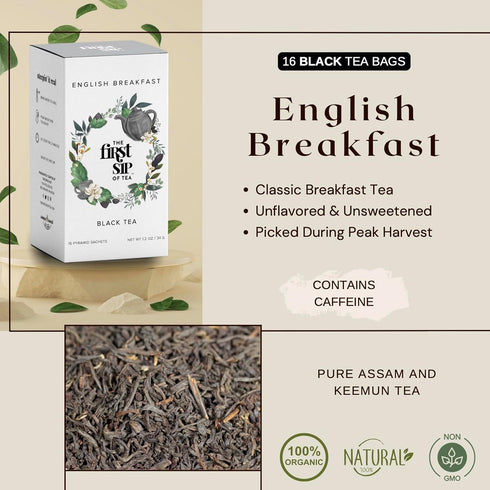 English Breakfast Black Tea, Pyramid Sachet Tea Bags, High Caffeine, 16 Cups
