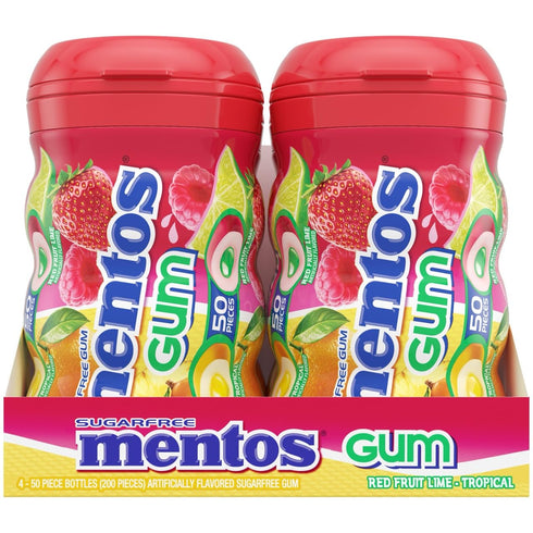 50 (Pack 4 Mentos Sugar-Free Chewing Gum, Tropical, Red Fruit and Lime, Piece Bottle of Bottles)