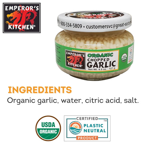 4.5 oz Emperor's Kitchen Organic Chopped Garlic, USDA Certified Organic, Vegan, Ready to Use, jar