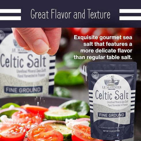 5lb 100% (5lb Le Marinier Celtic Salt Organic Fine Ground, Mineral Rich Natural and Unrefined French Sea Salt Organic.