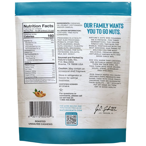 7 Oz Nature's Eats Cashews Roasted No Salt