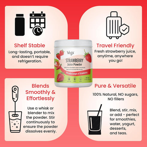 11 oz Vegs Strawberry Juice Powder - Freeze Dried Organic Strawberry Juice Instant Drink Mix Powder, Baking, Dessert