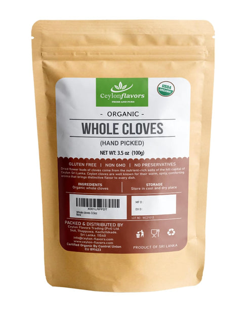 CEYLONFLAVORS Organic Hand Picked Whole Cloves, 3.5 oz, Fresh and Pure from USDA Certified Organic Farm