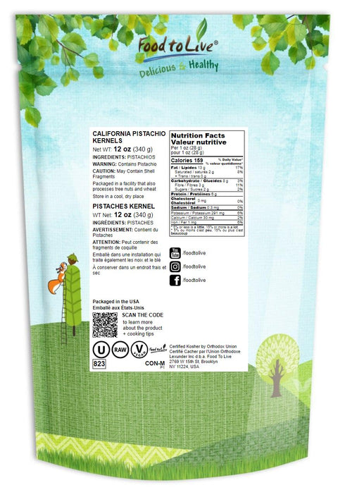 12 Packs. Food to Live No Shell Pistachios, Ounces Unsalted, Kernels, Sirtfood, Bulk. Pistachios Individual Wonderful