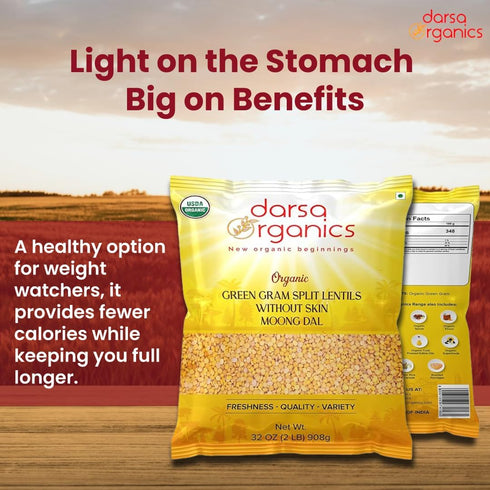 (2lb) Darsa Organics Yellow Moong Dal - USDA Organic Split Yellow Mung Beans - Premium Dry Lentils for Khichdi, Soup
