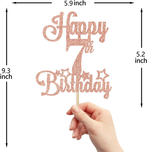 Happy 7th Birthday Cake Topper, Cheers to 7 Years, Hello 7, 7th Birthday Anniversary Party Decorations in Rose Gold