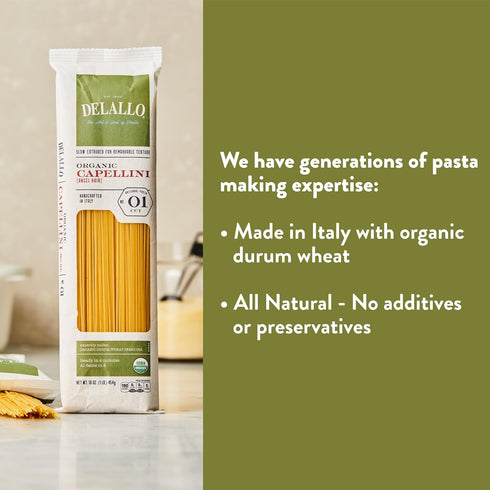 100% 1 (4 Pack) DeLallo Organic Capellini Pasta, Made with Only Semolina Durum Wheat Flour, Bronze Cut, Made in Italy
