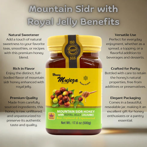100% (500g 17.6oz) Authentic Mountain Sidr Honey with Royal Jelly Jujube Honey, Supports Mental Health, Memory