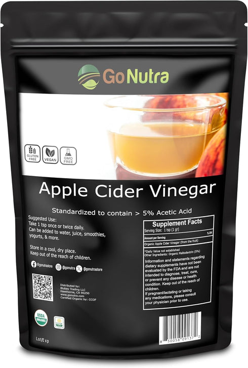 8oz. 5% Go Nutra Apple Cider Vinegar Powder Organic Natural ACV Acetic Acid Apple Cider Powder for Cooking, Skincare