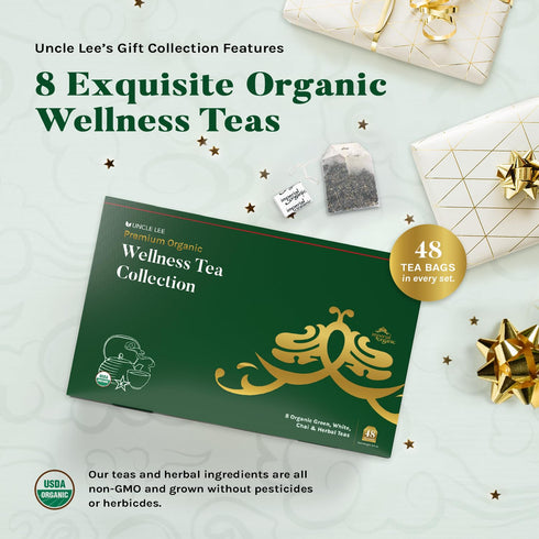 Uncle Lee’s Organic Tea Variety Gift Set, Wellness Collection with 8 Teas (6 Bags Each) in Premium Gift Box