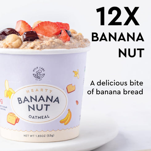 12 Pack Mylk Labs Banana Nut Protein Oatmeal Cups, Whole Grain, Low Sugar, High Fiber Breakfast with Low Sodium, Quick