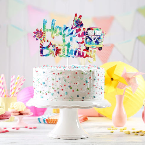 Groovy 60's Tie Dye Happy Birthday Cake Topper - 60's Birthday Party Cake Decoration