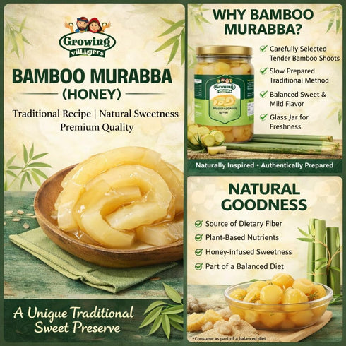 Growing Villagers 600g (21.16 oz) Bamboo Murabba in Honey | Ready to Eat Bamboo Shoots Sweet Preserve | Fiber Rich
