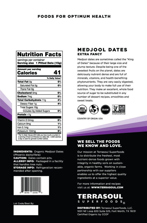 2 Lbs Terrasoul Superfoods Organic Medjool Dates, - Soft Chewy Texture | Sweet Caramel Flavor | Farm Fresh