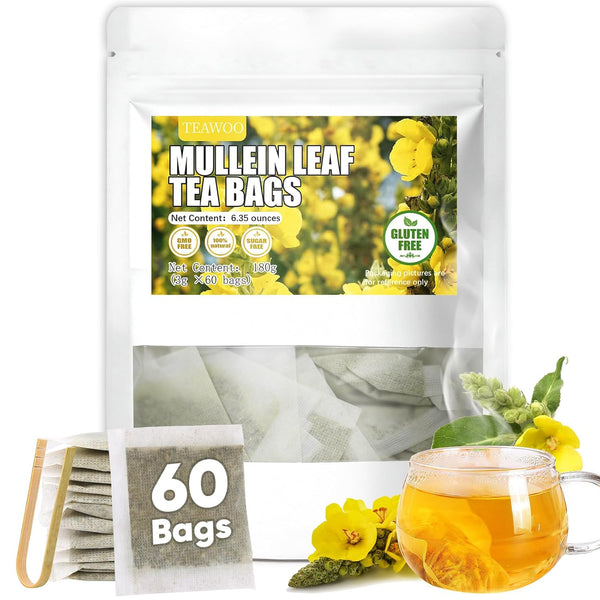 TEAWOO 60 Mullein Leaf Tea Bags, From 100% Natural Mullein Leaves for Lungs