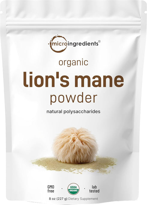 Micro Ingredients Organic Lions Mane Mushroom Powder, 8oz | Pure Fruiting Body