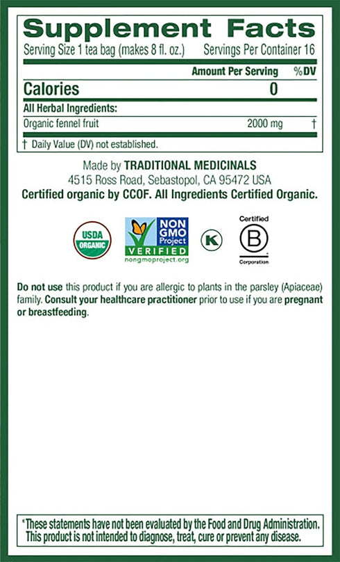 Traditional Medicinals Organic Fennel Herbal Tea, Promotes Digestive Health (Pack of 2) 32 Tea Bags Total
