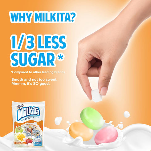 Milkita The Real Milk Lollipop Bag - Gluten Free Chewy Candies with Calcium, 10 Pcs (Strawberry, Honeydew, Mango)
