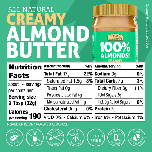 100% (16 Pack 1) Crazy Richard's All-Natural Creamy Dry Roasted Almond Butter with No Added Sugar and Non-GMO Ounce