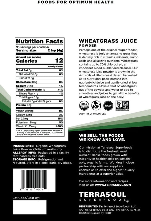20 Terrasoul Superfoods Organic Wheat Grass Juice Powder, Ounces - USA Grown