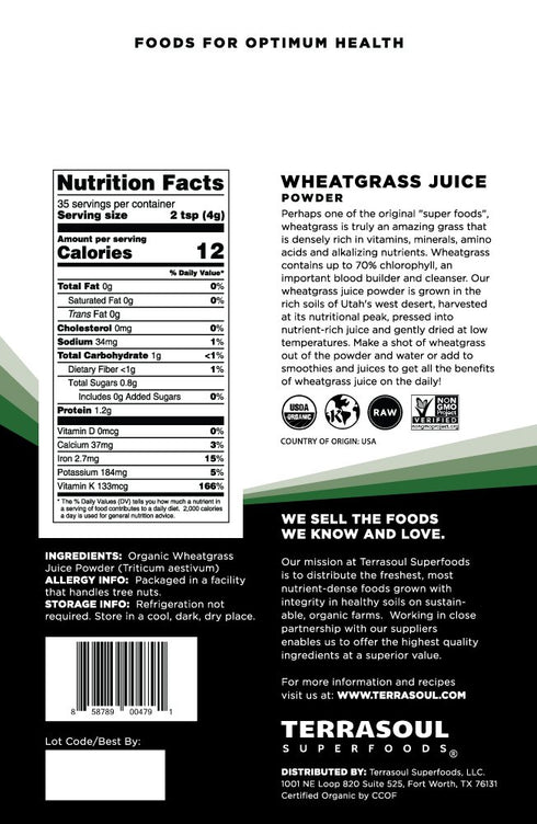 Terrasoul Superfoods Organic Wheat Grass Juice Powder, 5 Oz, Nutrient Concentrated Juice, Smoothies, Detox Drinks