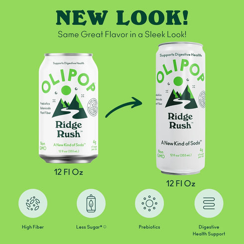 Pack Packed 12oz (12 Pack) OLIPOP Sparkling Prebiotic Soda, Ridge Rush, Pantry with Prebiotics, Fiber, and Botanicals