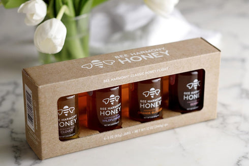 Set, 4 3 OZ Bee Harmony Classic Honey Flight, Mini Honey Gift Jars, Each, Premium, Raw, Made in the USA