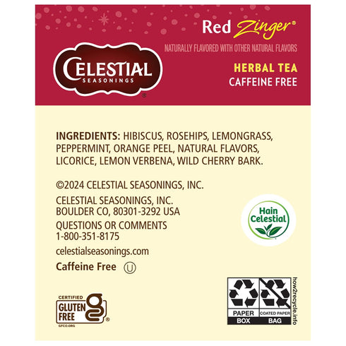 20 Celestial Seasonings Hibiscus Tea, Red Zinger Herbal Tea, Caffeine Free, Tea Bags