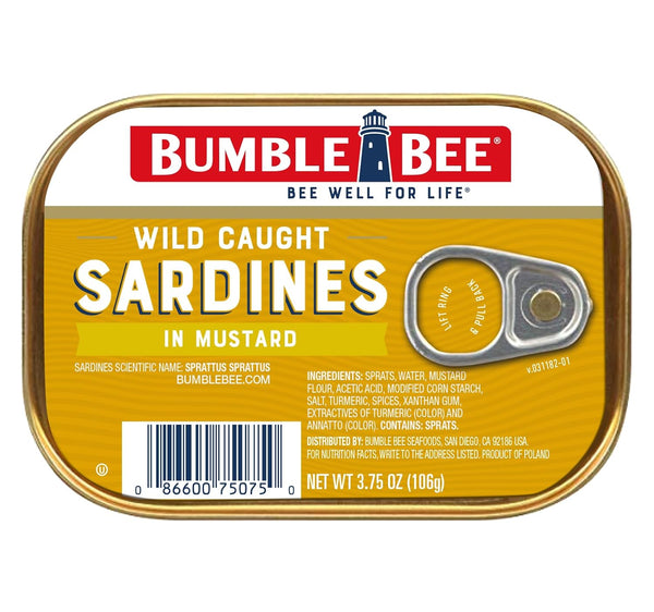Bumble Bee Sardines in Mustard Sauce, 3.75 oz Tin (Pack of 12) - Gluten Free, Keto, Kosher